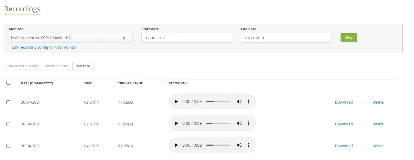 Audio samples for listening back to activity on site
